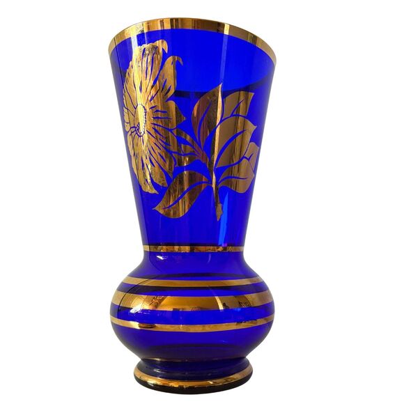 RARE Vintage Borske Sklo Union Vase: Sunflower Design in Cobalt Blue and Gold - Picture 1 of 2